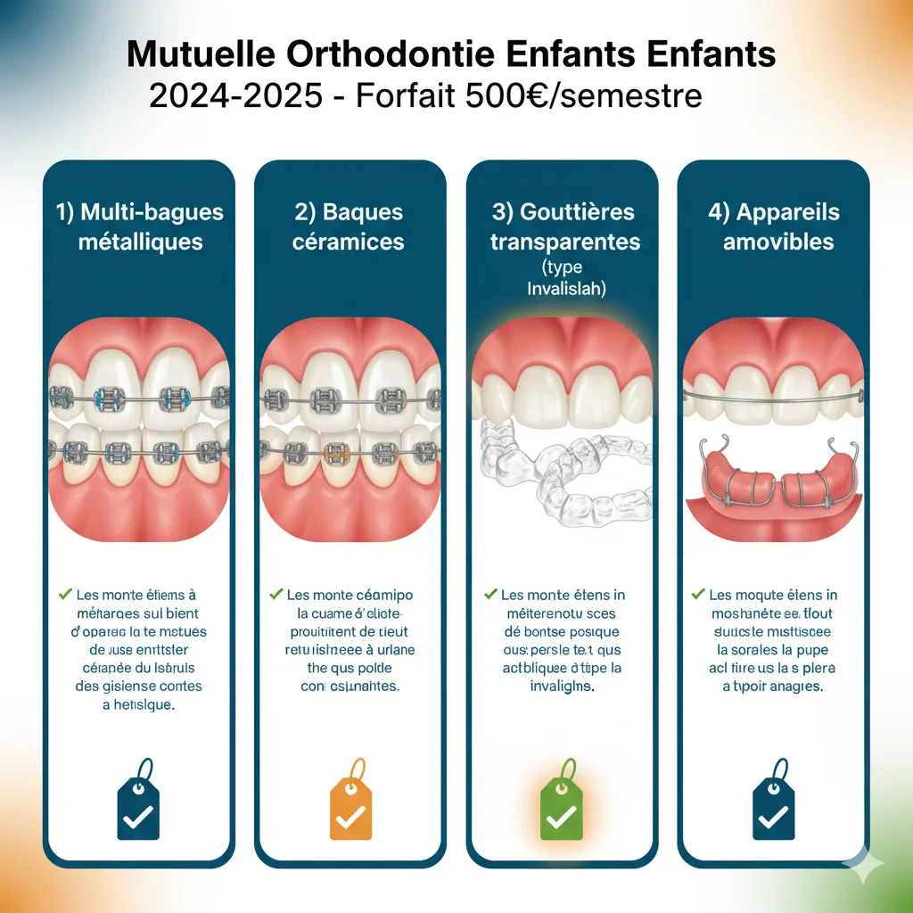 Types d'appareils orthodontiques pour enfants - Bagues métalliques, céramiques, gouttières transparentes, appareils amovibles