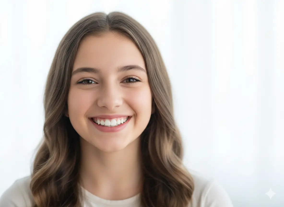 Jeune fille souriant après traitement orthodontique réussi